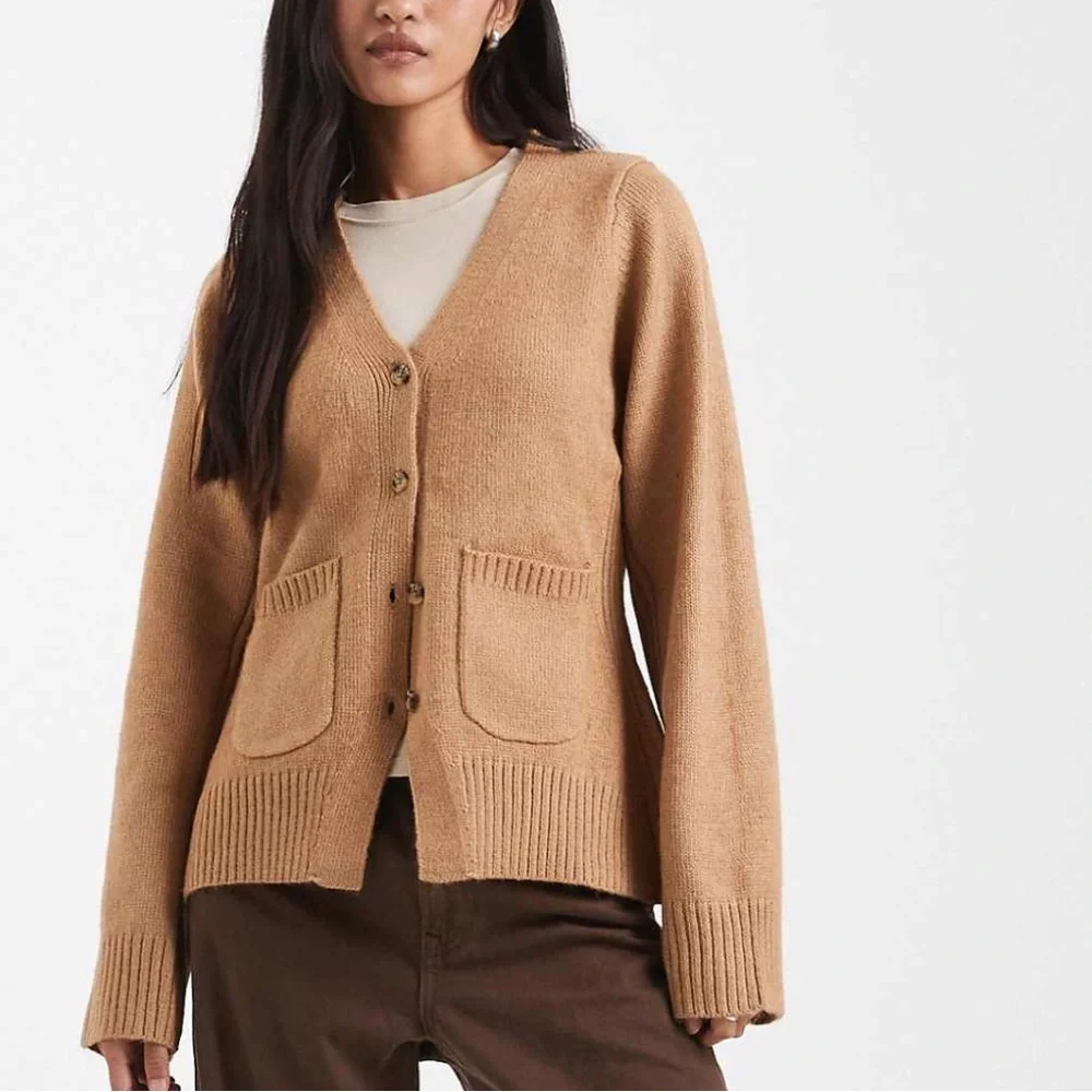 ASOS- tan camel v neck button front knit cardigan sweater with side pockets - Picture 3 of 6